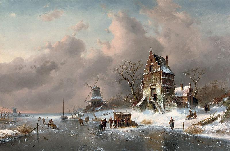 Charles Leickert Numerous skaters near a koek-en-zopie on a frozen waterway by a mansion, oil painting image